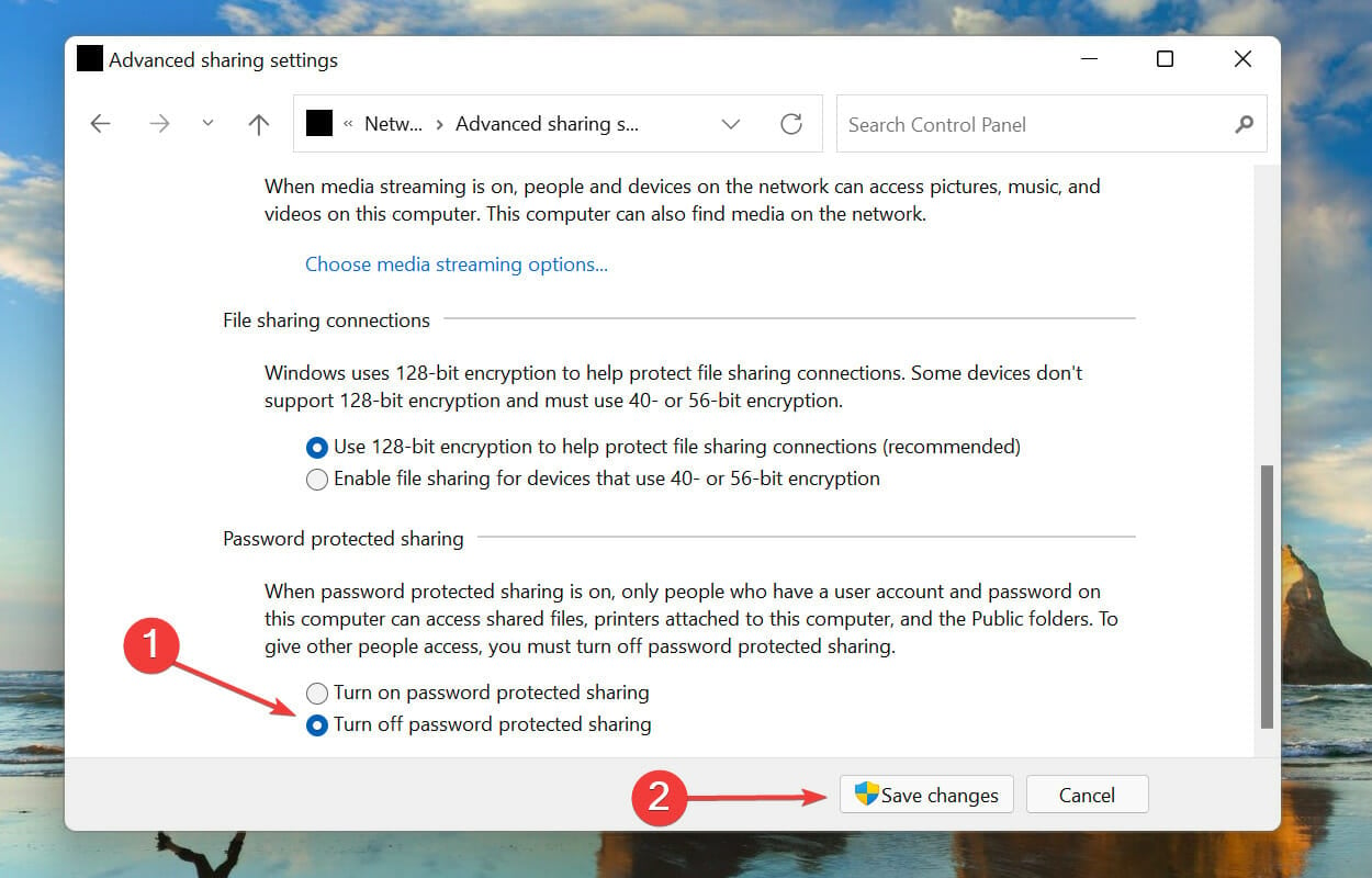 Turn off password protected sharing in Windows 11