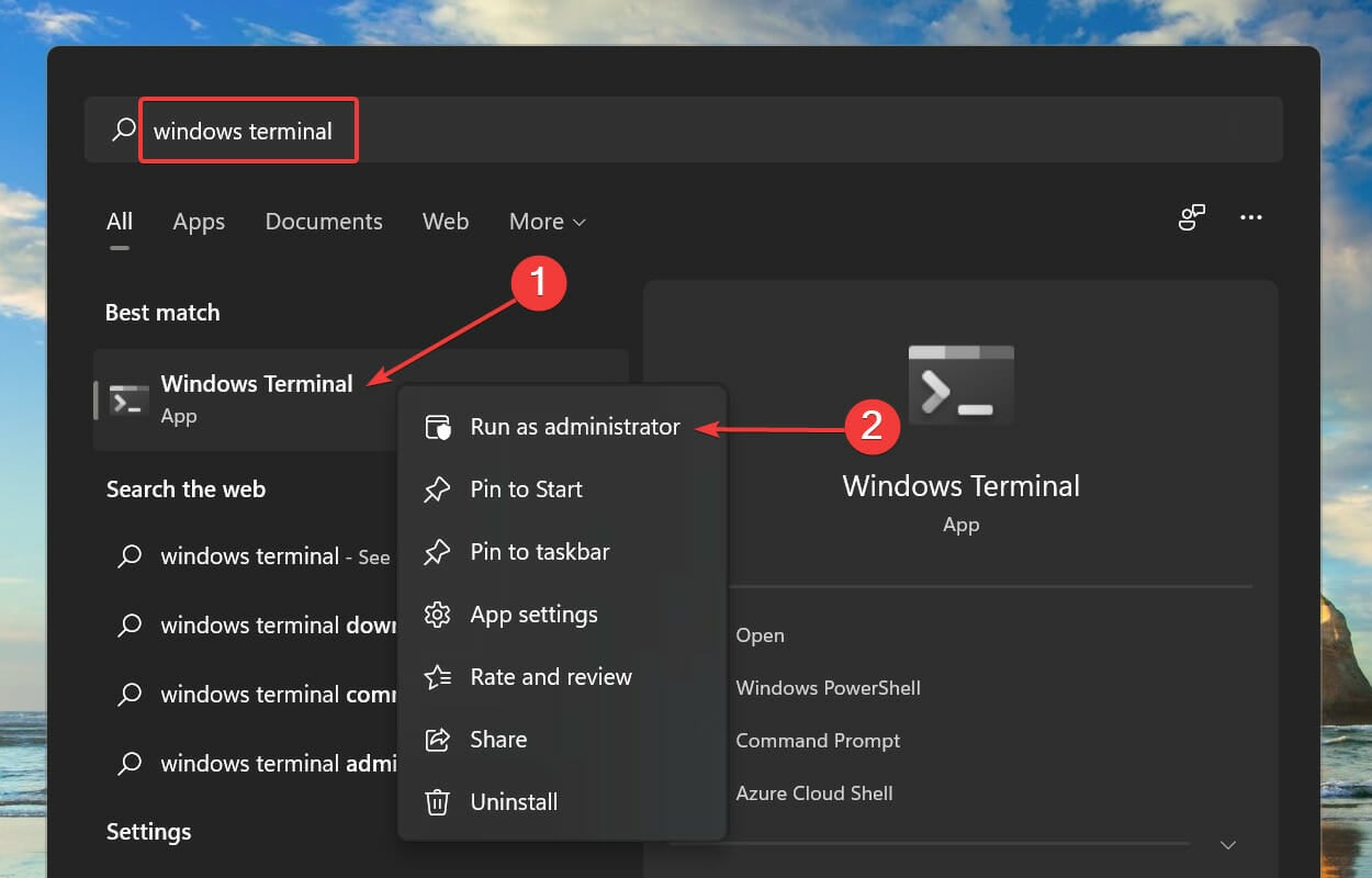 Launch elevated Windows Terminal to fix windows filtering platform has blocked a connection