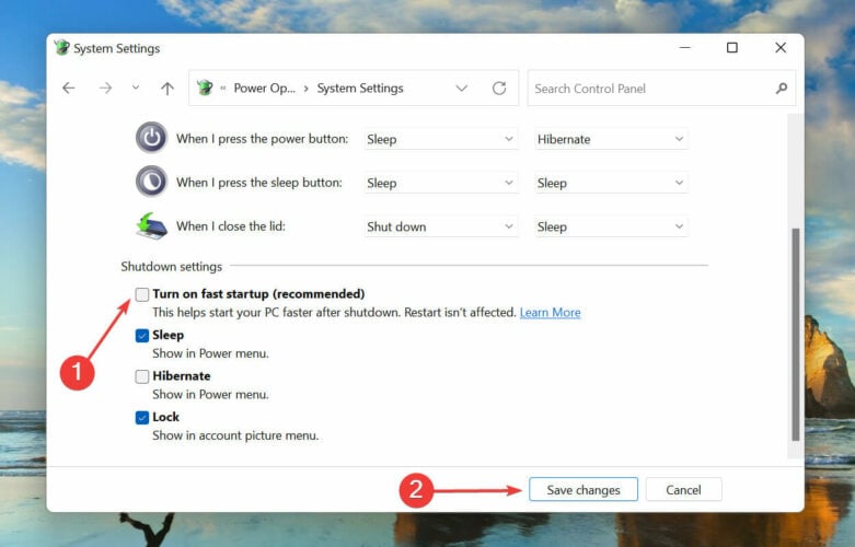Untick checbox to disable fast startup in Windows 11
