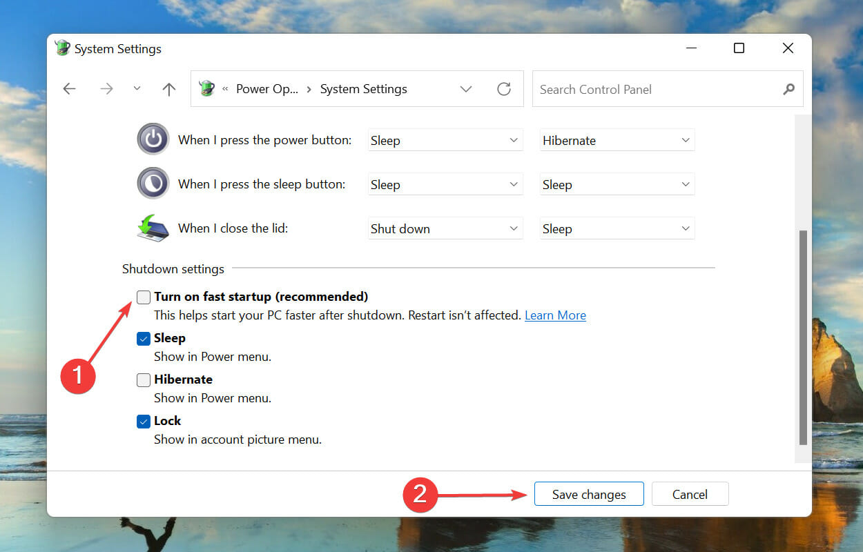 Untick checbox to disable fast startup in Windows 11