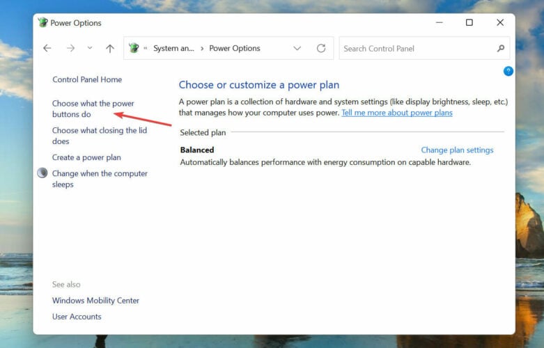 Choose what the power buttons do to disable fast startup in Windows 11