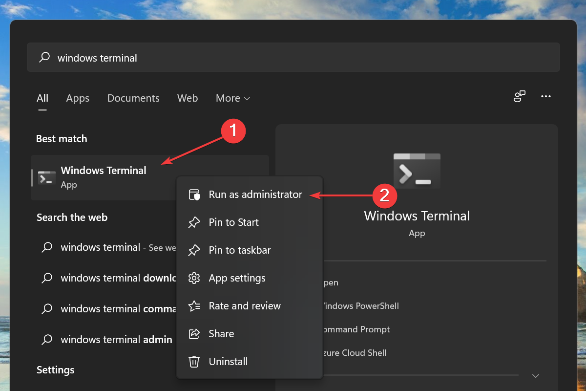 Launch Windows Terminal with administrative privileges to fix reboot loop problem in Windows 11