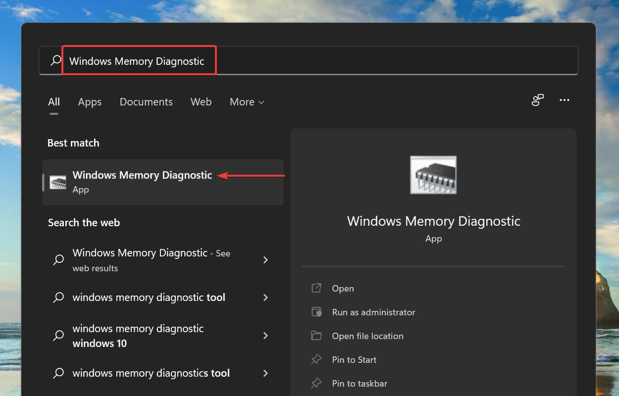 Run Windows Memory Diagnostic tool to fix machine check exception windows 11