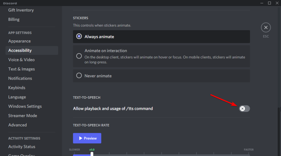 disable Allow playback and usage of /tts command discord settings