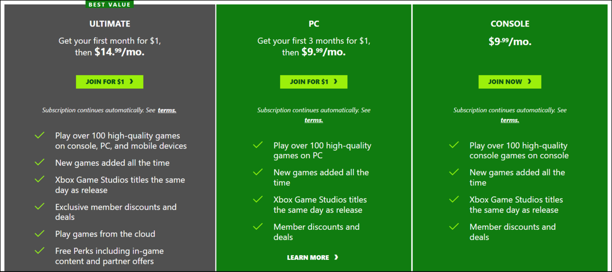 Xbox Game Pass subscription plans