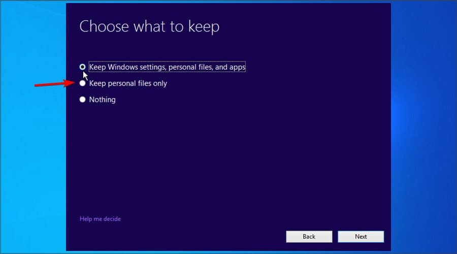 windows 10 keep personal files setting