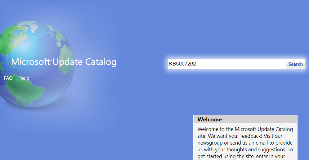 The Microsoft Update Catalog's search box 0x0000007c (ERROR_INVALID_LEVEL)