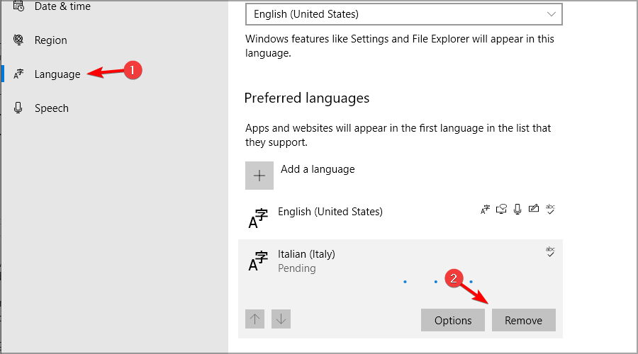 windows 10 remove language