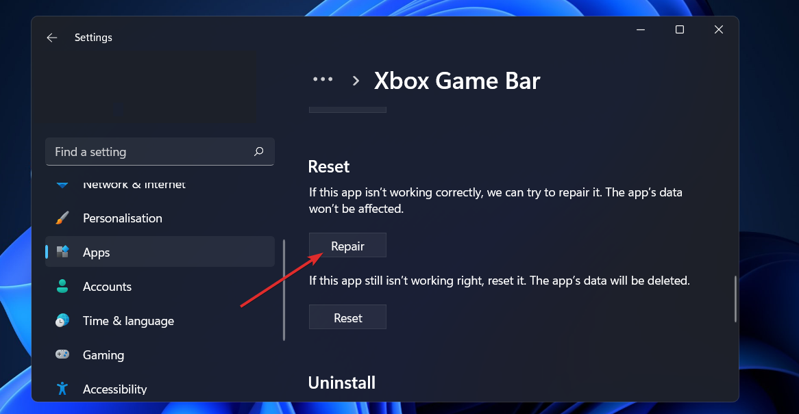 repair-xbox-bar  xbox game bar not working windows 11