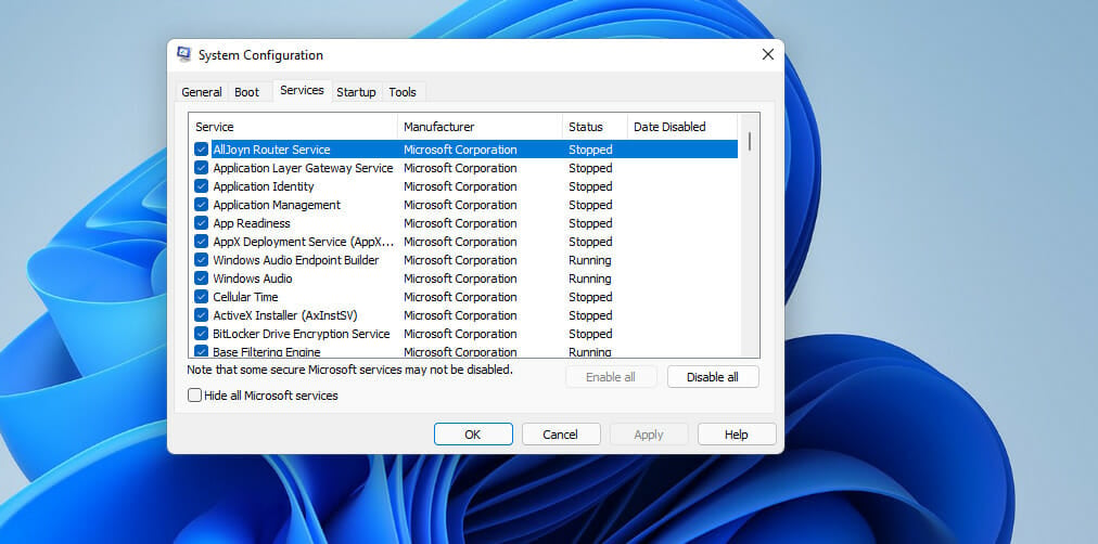 Services tab services to disable windows 11