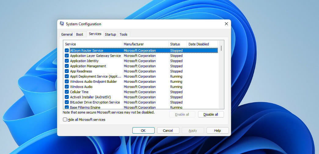 The Hide all Microsoft services checkbox minecraft launcher won't open windows 11