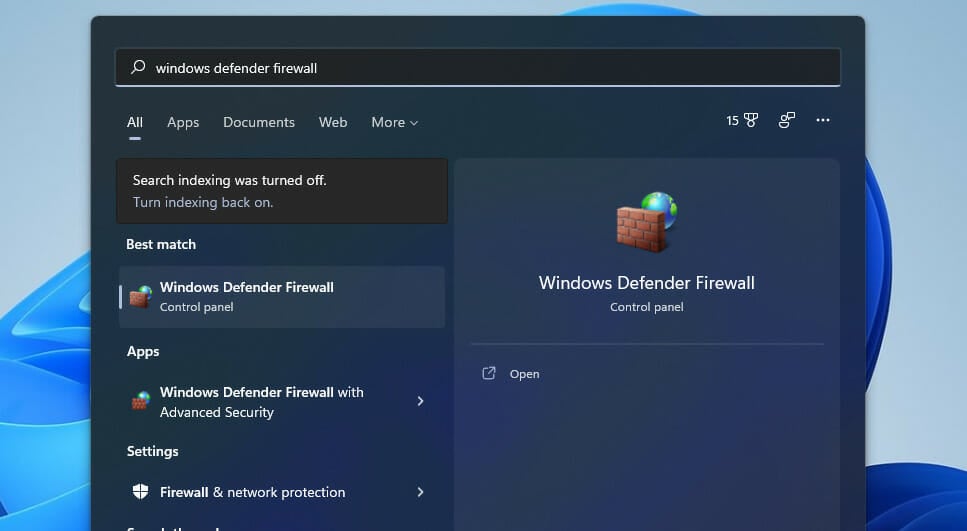 Windows Defender Firewall search result vanguard windows 11 error