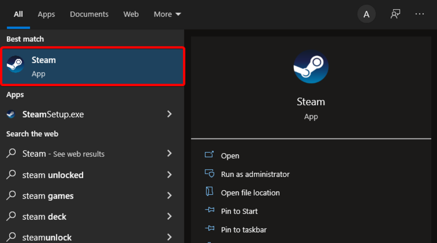 open steam from search box