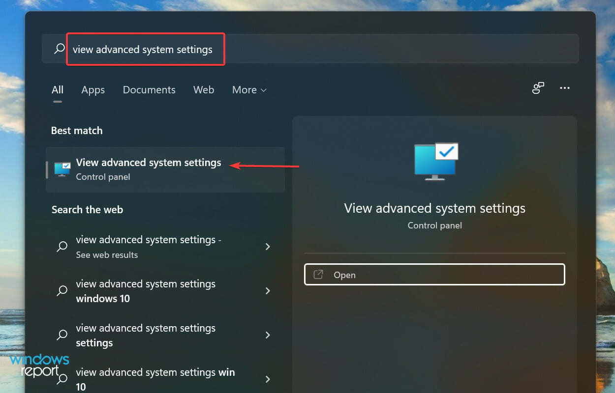 View advanced system settings to fix windows 11 not using all ram
