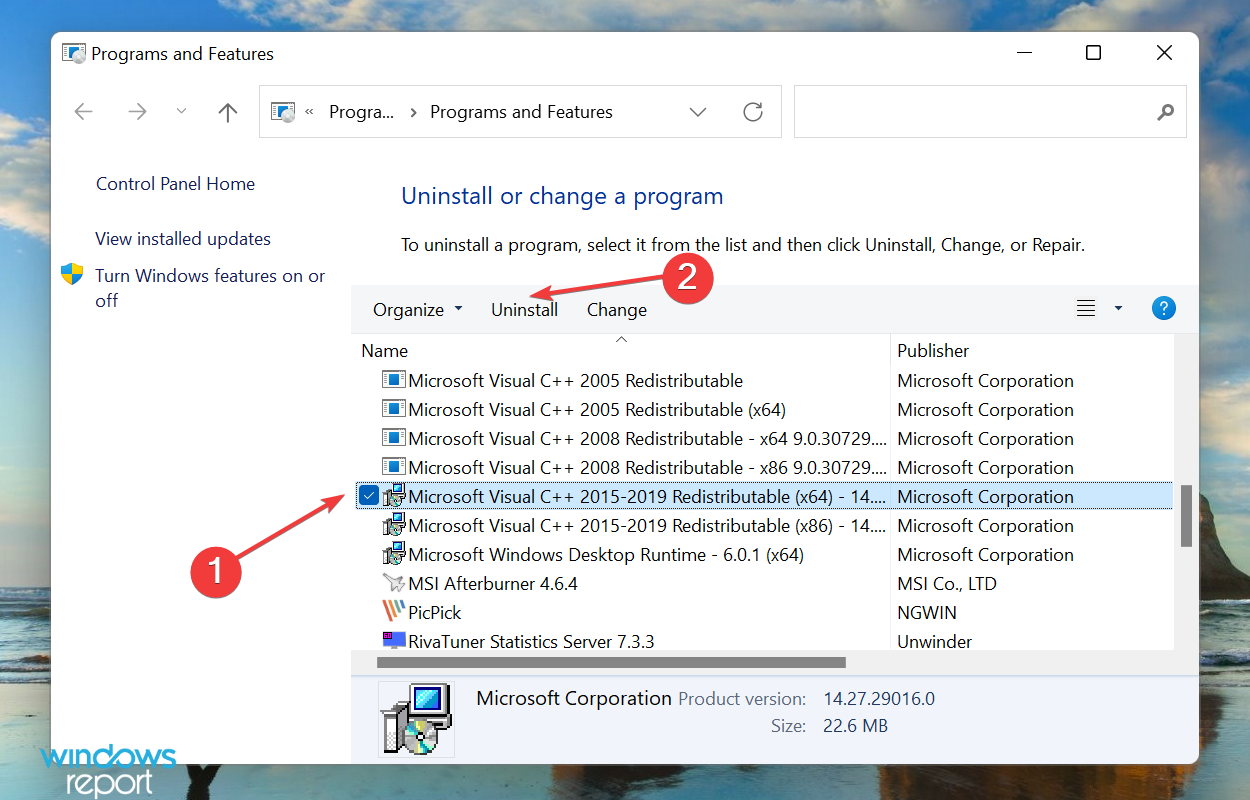Uninstall Microsoft Visual C++ Redistributable package to fix runtime error windows 11