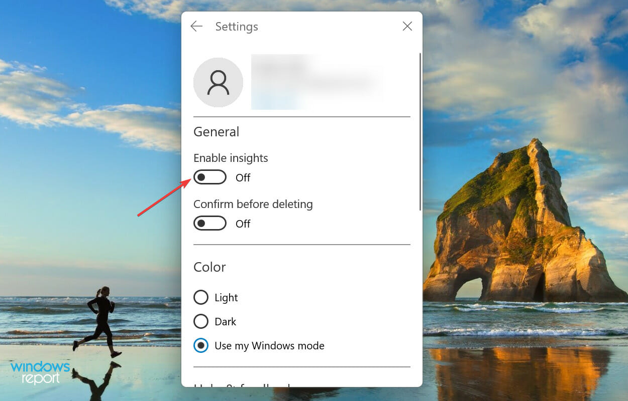 Disable Insights to fix sticky notes windows 11 not working
