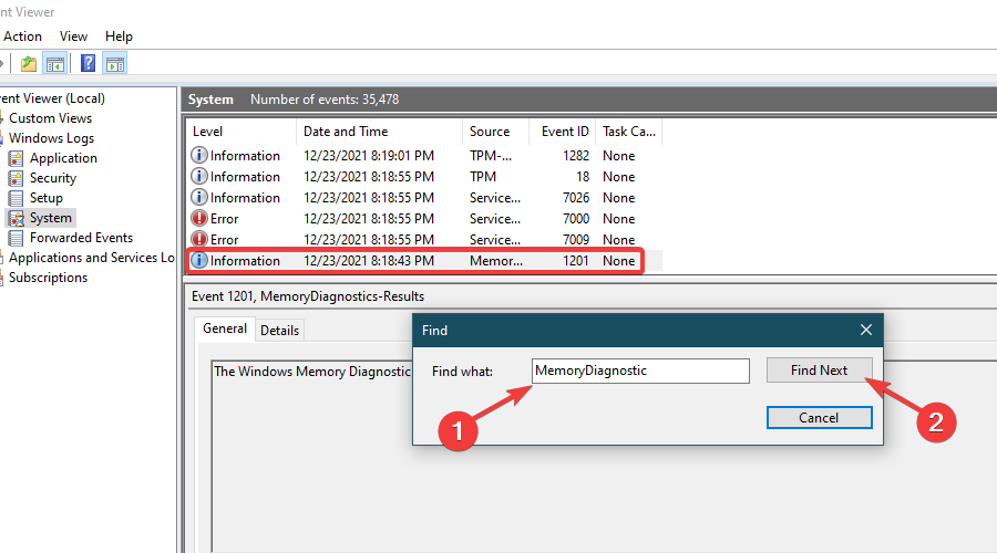 Searching for the Windows Memory Diagnostic Scan Event in Event Viewer Log