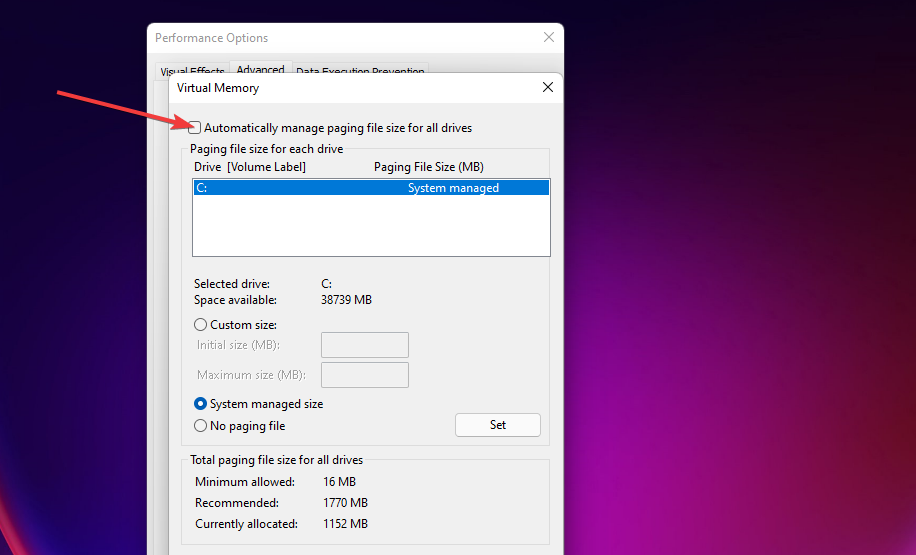 The Automatically mange paging file size for all drives checkbox windows 11 keeps freezing