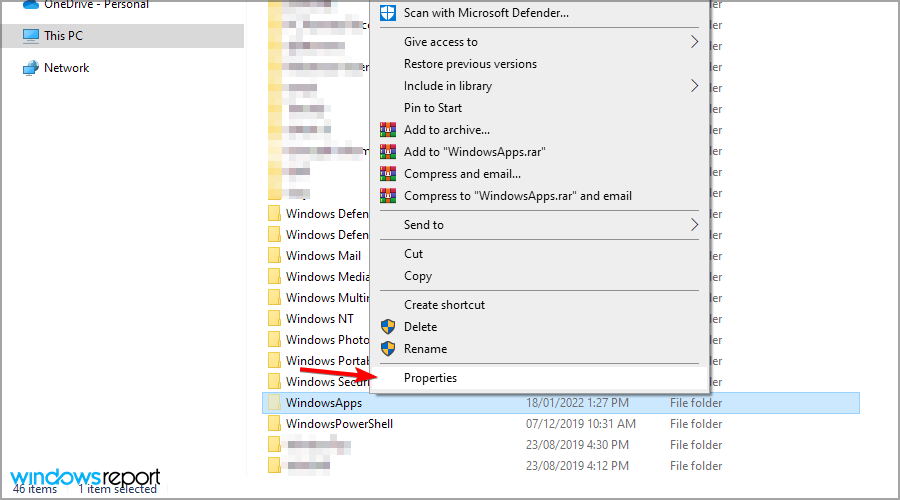windowsapps folder properties