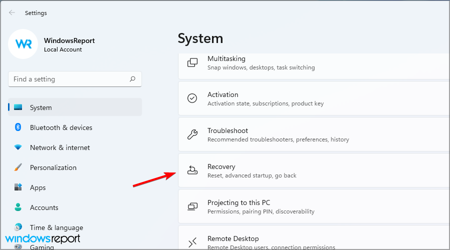 Click on recovery in system settings