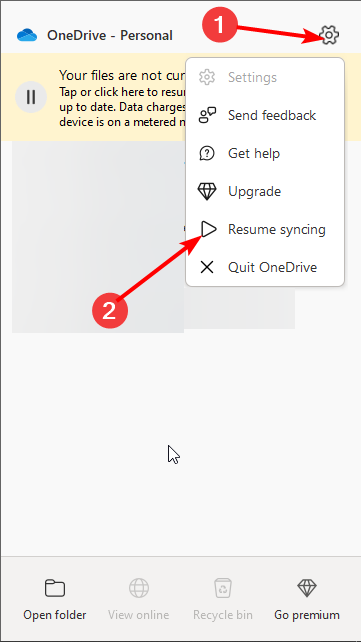 resume onedrive not syncing