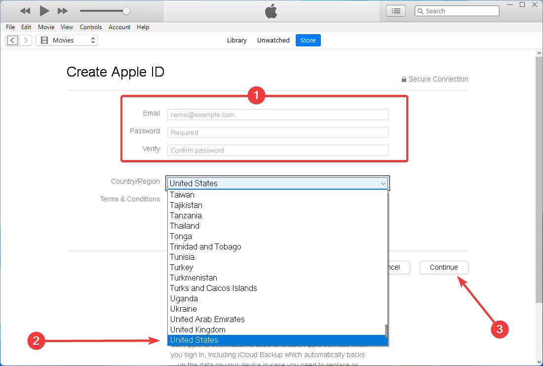 Fill in the required fields to create new Apple ID
