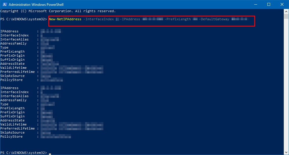 powershell command for ip
