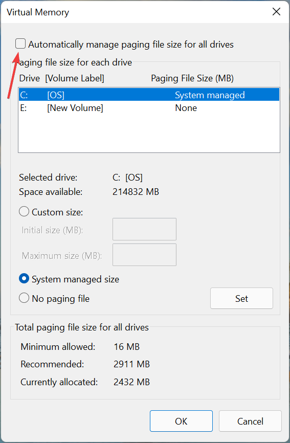 Untick checkbox to to increase virtual memory in Windows 11
