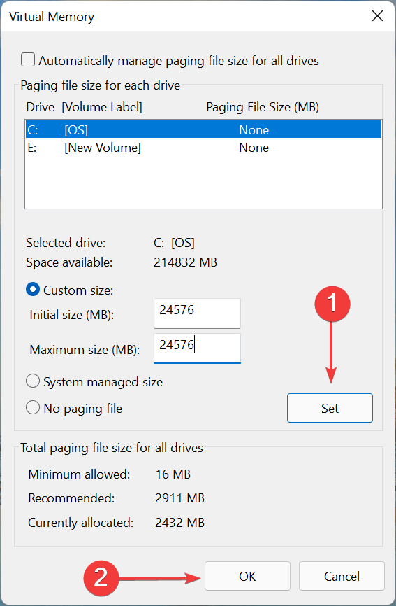 Click Set to to increase virtual memory in Windows 11