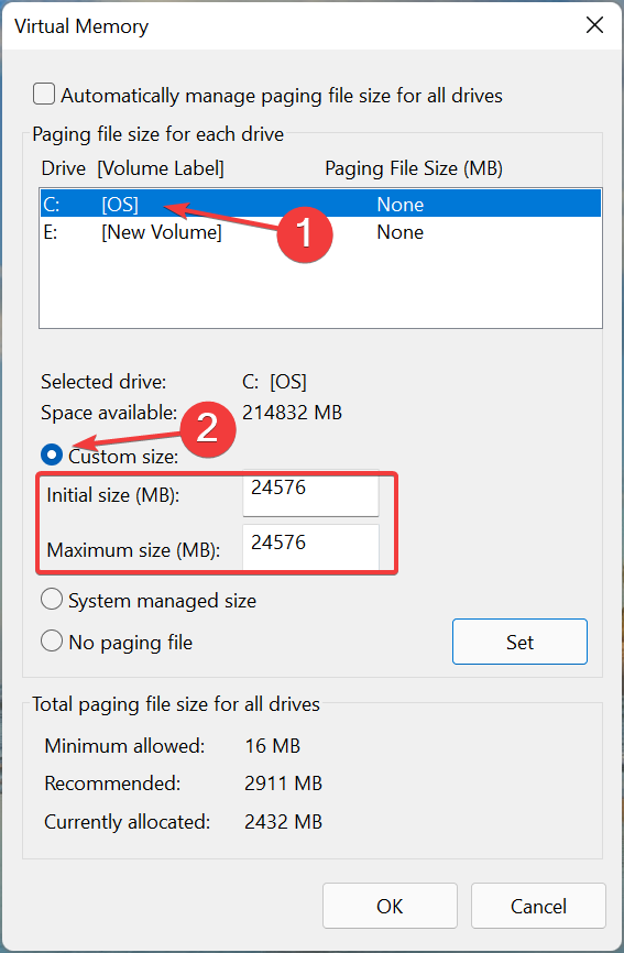 Enter values to to increase virtual memory in Windows 11