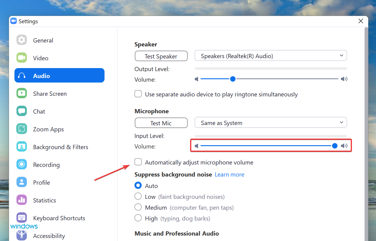 Increase volume level and untick checkbox to fix zoom failed to detect microphone windows 11