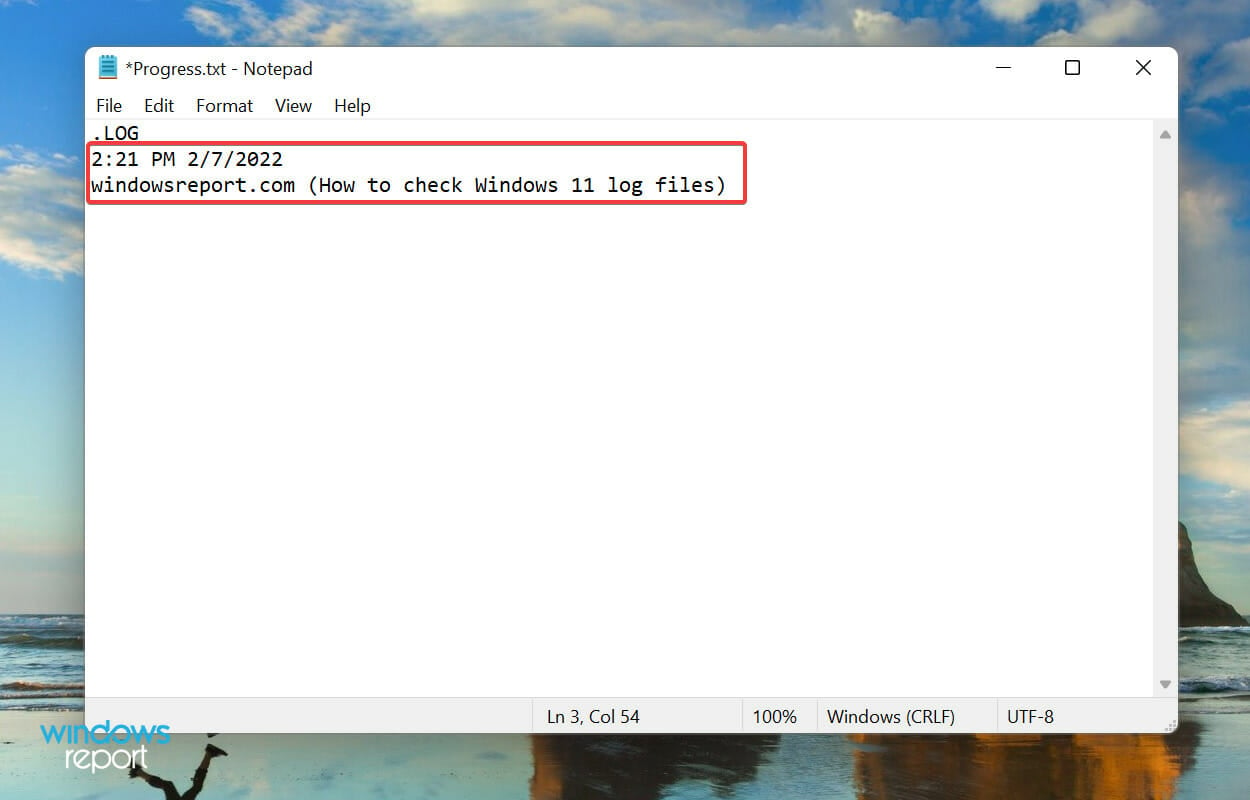 type in log file to create Windows 11 error logs