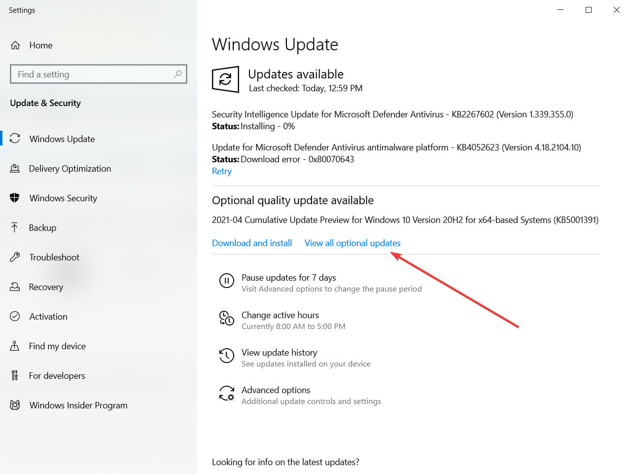 view all optional updates windows 10