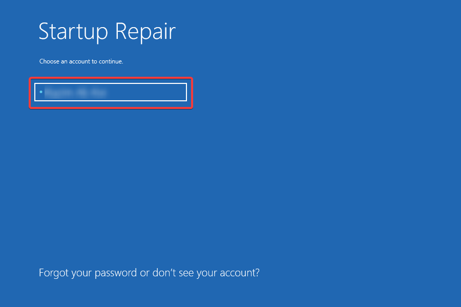 Select User account to repair Windows 10