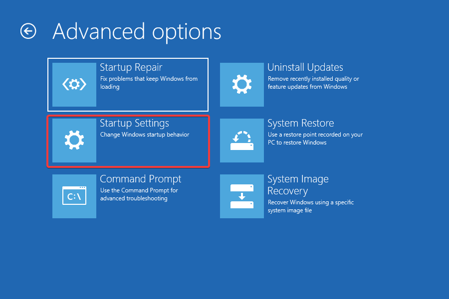 Startup settings to repair Windows 10