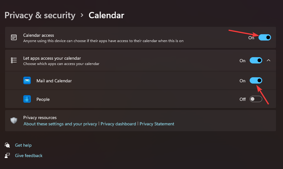 Calendar access option windows 11 mail app not working