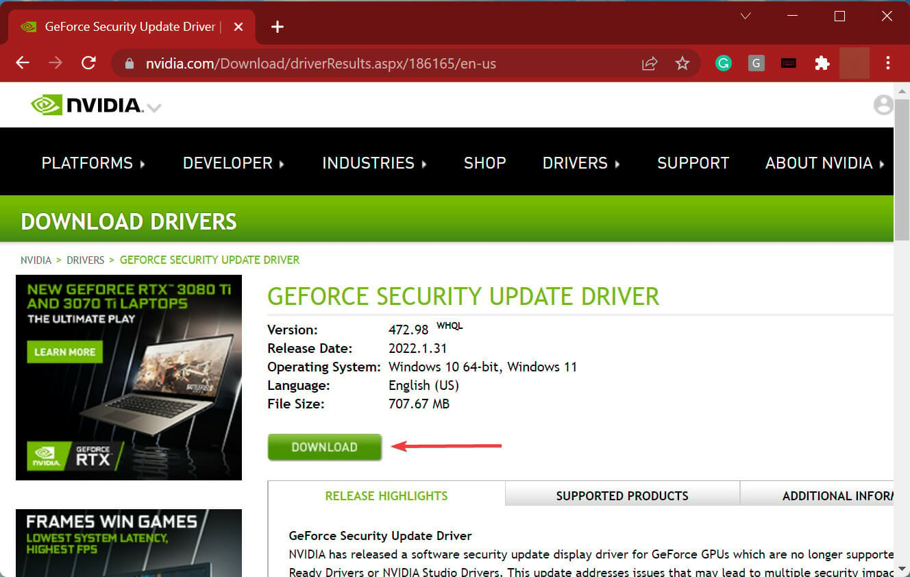 Download updated version to fix nvidia driver keeps crashing windows 11