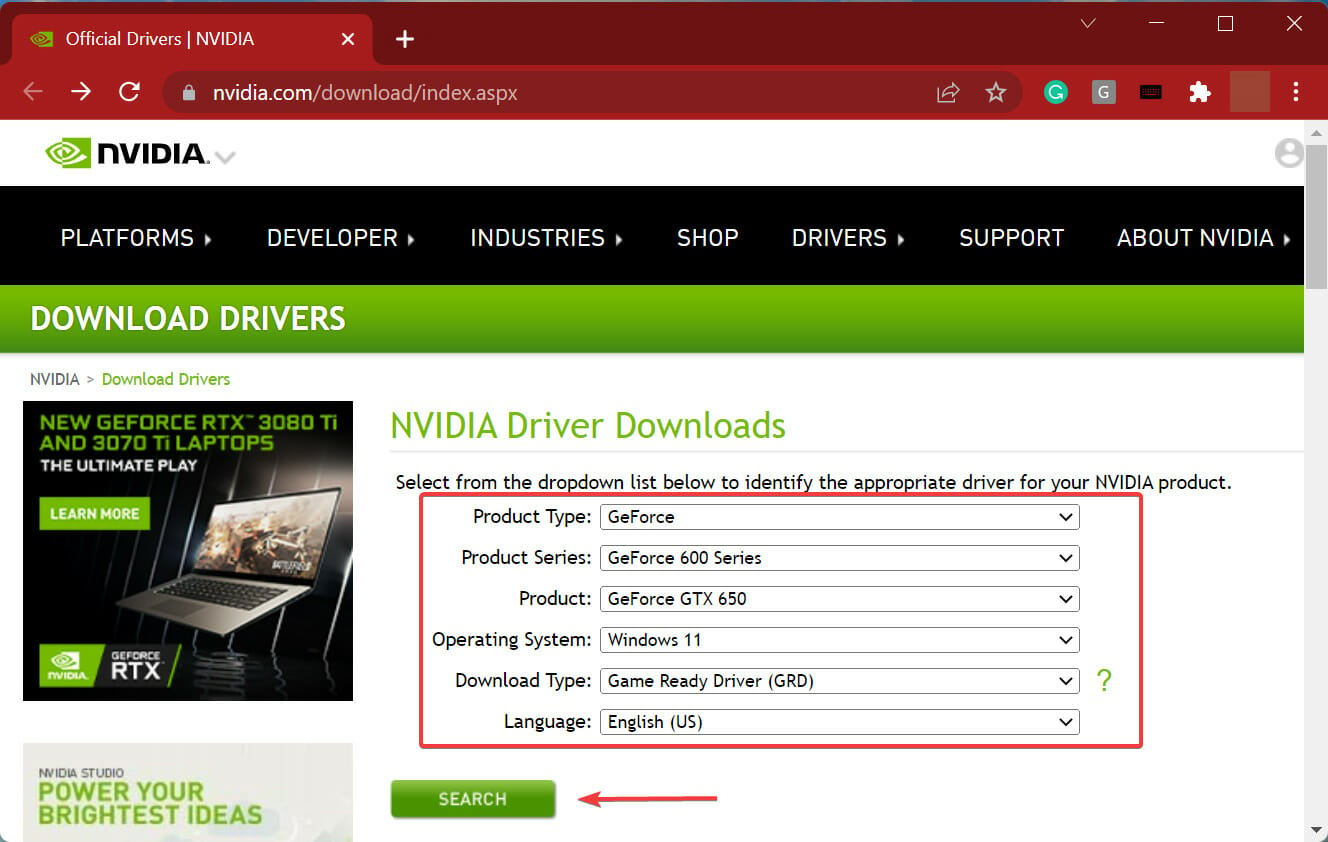 Search for Nvidia driver