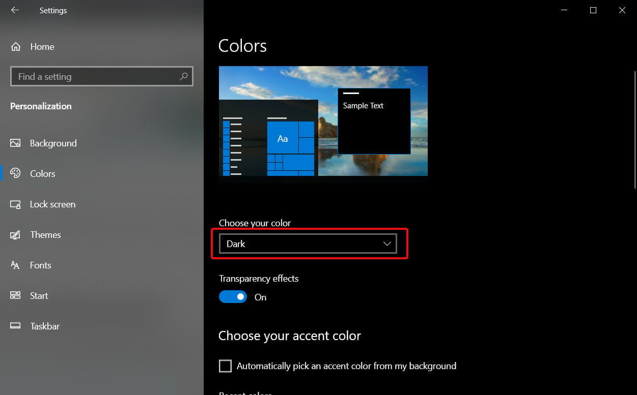 windows 10 enable dark mode personalization