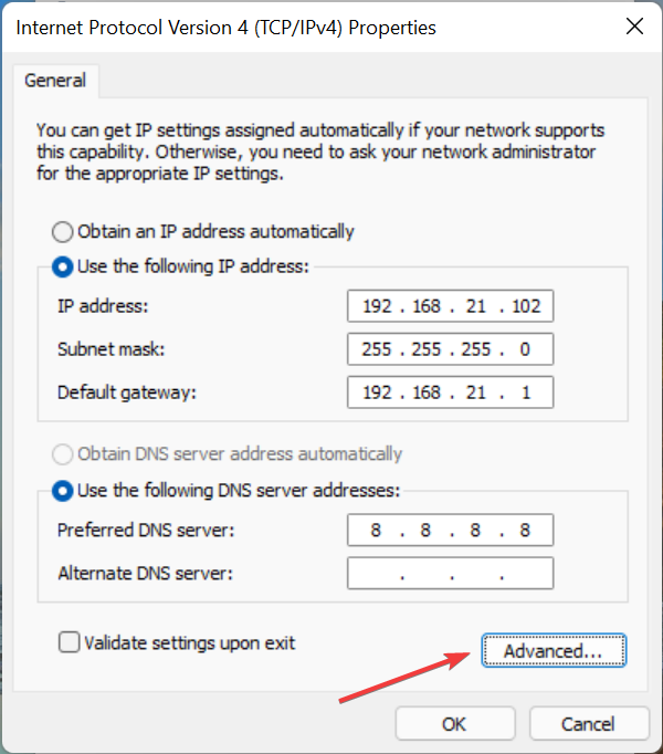 Click Advanced to remove secondary IP address