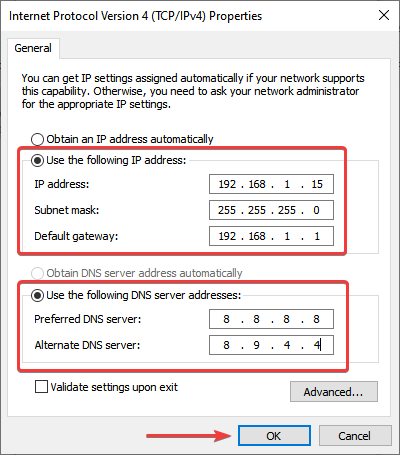Enter IP address and DNS server to fix ethernet doesn't have a valid ip configuration windows 11