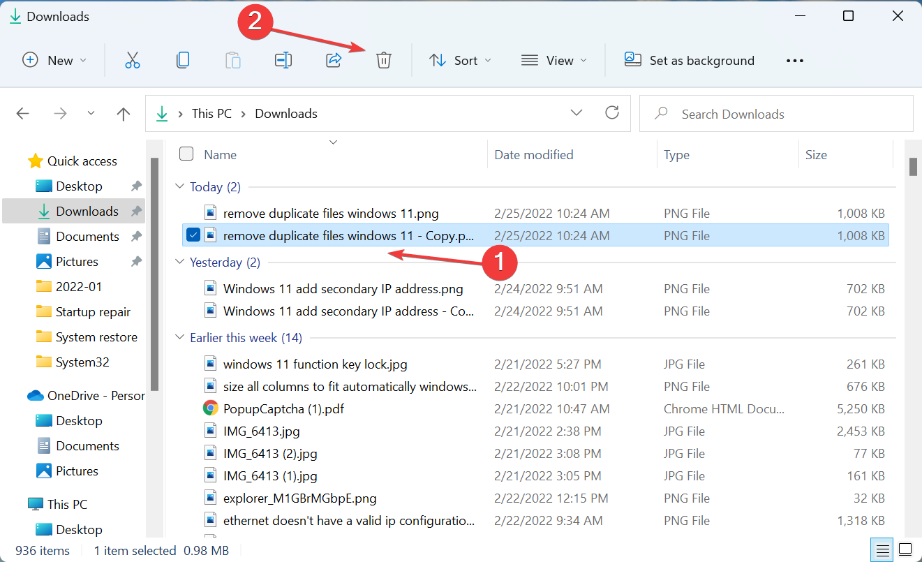 Click Delete icon to remove duplicate files in Windows 11