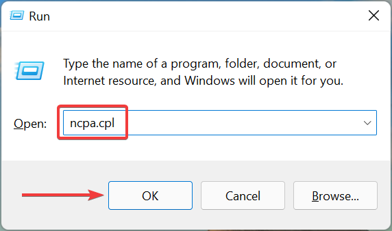 Open Network Connections to fix ethernet doesn't have a valid ip configuration windows 11