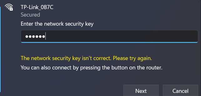 not correct find wi-fi password Windows 11