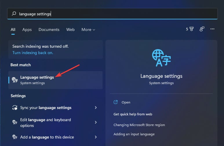 Language settings search result 