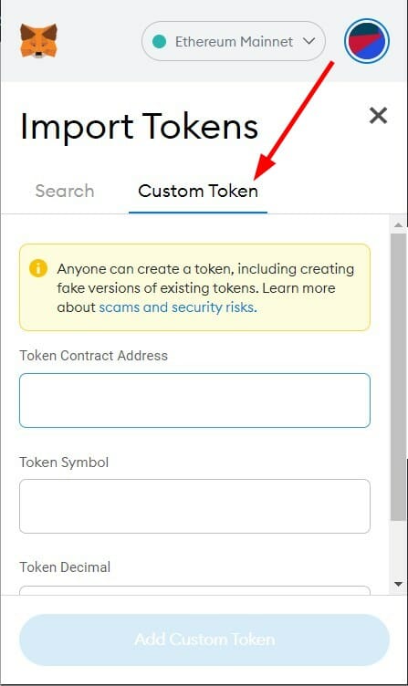 metamask custom token tab