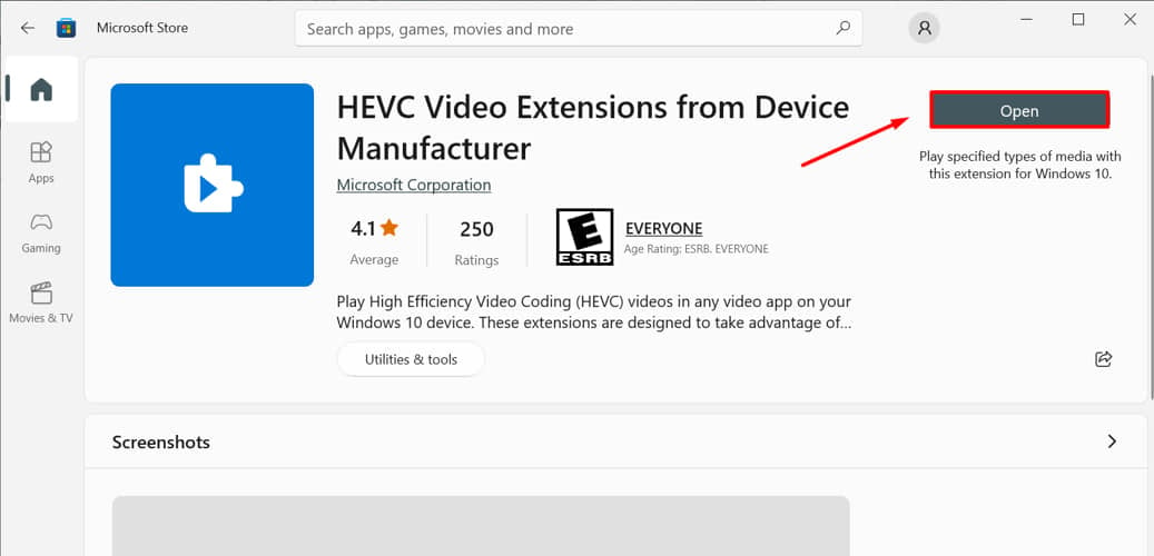 open the free tool for hevc video extensions windows 11