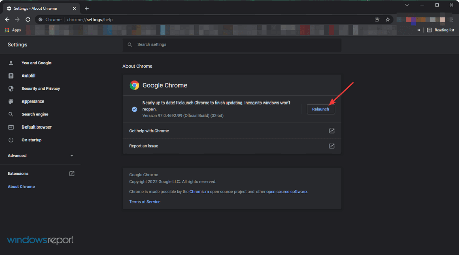 relaunch chrome after update