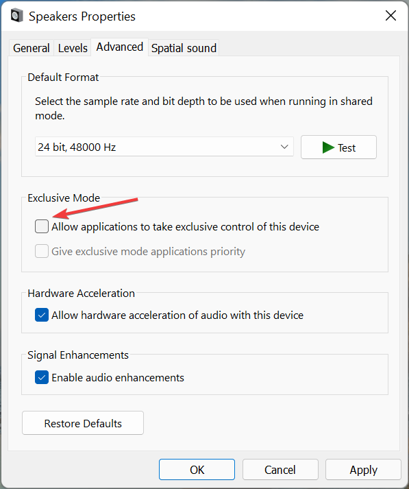 Disable option to fix windows 11 sound distorted