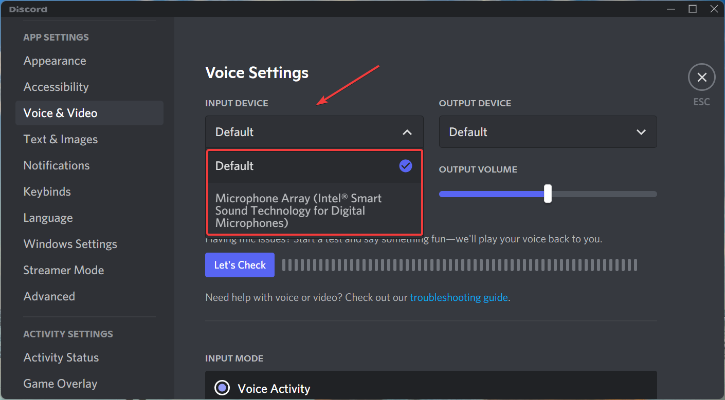 Change Input Device to fix discord mic not working windows 11